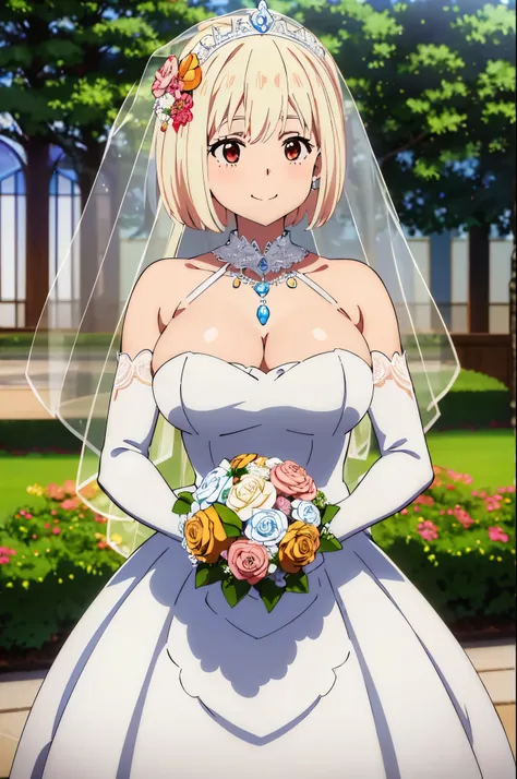 (((Pixel perfect, Perfect details))), alone, 1 girl, Chisato Nishiki,looking at the audience, Smile, Upper body, Close-up of beautiful bride wearing beautiful wedding dress,Gurwitz,(bridal veil:1.5），（Transparent short veil：1.5），Blushing face，Head flower，he...