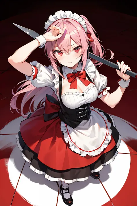 Battle Maid，violent maid，Hand-held crowbar，Standing in the middle of the tomato sauce being spilled everywhere，yandere，Refined face，focus，Cleaning