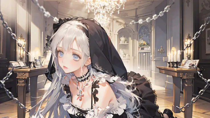 best quality, masterpiece, alone, 1 girl, nun, white hair, long hair, medium breasts, cleavage dress, gothic-lolita, black stock...