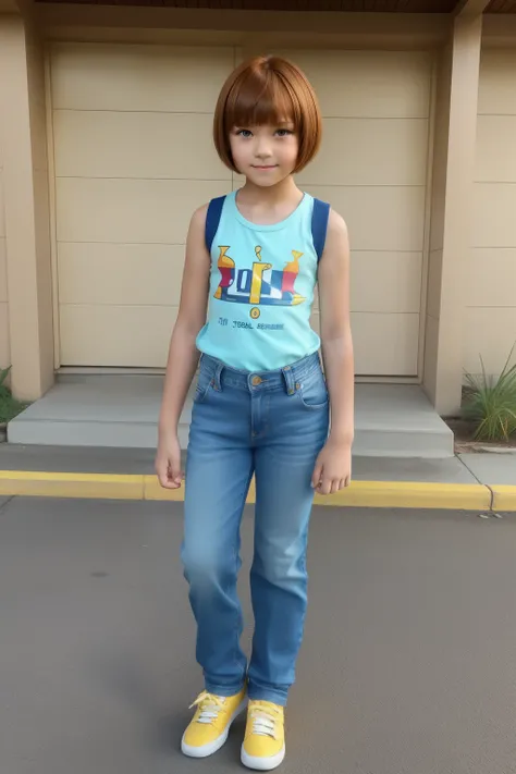 full body, ((((10-year-old)) Sora)), girl with brown eyes and red hair in a bob haircut with bangs, wearing light blue jeans, a yellow sleeveless t-shirt, and a blue helmet. Confident expression, cool pose