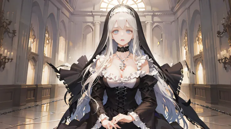 best quality, masterpiece, 2 girls, nun, white hair, long hair, medium breasts, cleavage dress, gothic-lolita, black stockings, High heel, Headband, Cross necklace, collar, chain, handcuff, indoor, castle, skirt lift, symmetrical docking