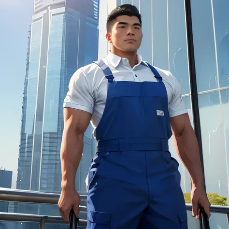 (highest quality:1.5), (masterpiece:1.5), (Tokyo skyscraper outdoors:1.3), male, blue janitor uniform, 28 years old, macho, big body, Are standing, (Wiping windows:1.2), shoot from front