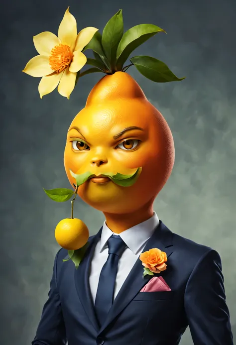 كارتون برتقالي Wearing a suit مع زهرة في شعره, Wearing lemon, 🐿🍸🍋, Orange head, Elegant yellow skin, Well-dressed, profile picture, symbol picture, Wearing a suit, photo portrait, Celebrity fruit, Company President, A juicy peach that looks like a human, L...