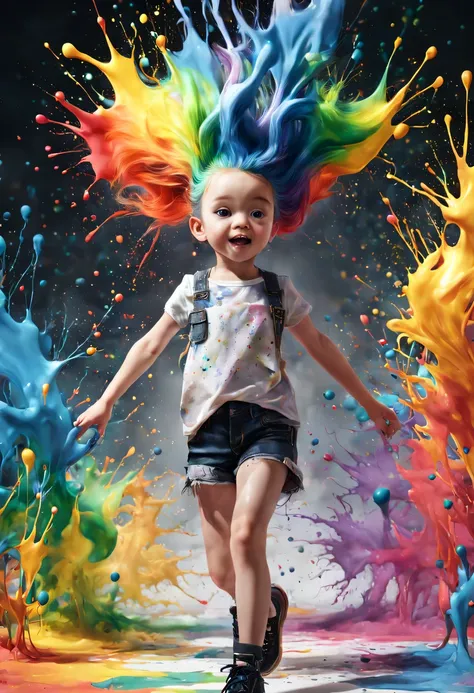 (level difference:1.8),(The paint collides and splashes onto the canvas),(depth of field),(flat color:1.1,(theme)),1 girl,poster,Full body female love,Strong wind,dense smoke,,(Liquid dye for rainbow-colored hair:1.1) Made of paint，anti-gravity,thick visco...