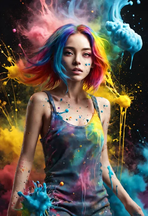 (level difference:1.8),(The paint collides and splashes onto the canvas),(depth of field),(flat color:1.1,(theme)),1 girl,poster,Full body female love,Strong wind,dense smoke,,(Liquid dye for rainbow-colored hair:1.1) Made of paint,anti-gravity,thick visco...