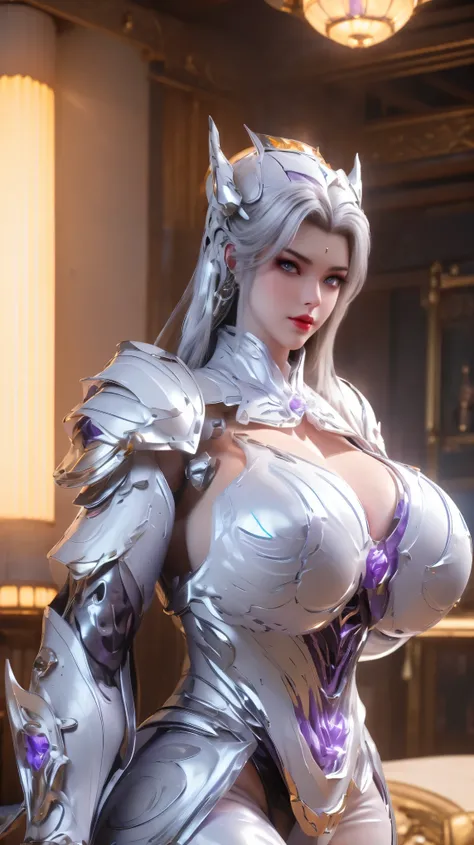 A BUSTY MILF, PORTRAIT,UPPER BODY,SOLO,(BEAUTY WHITE HAIR, GOLD DRAGON HORN), (MASSIVE FAKE BOOBIES,CLEAVAGE TOP,MUSCLE ABS:1.5), ((WEARING OUTFIT (LED PURPLE, WHITE, BLACK) SHINY ROBOT MECHANICAL BIKINI ARMOR:1.5)),(CURVY VOLUPTUOUS BODY MATURE WOMAN:1.5)...