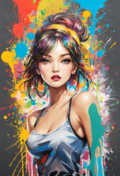 masterpiece, splash art, colorful, colorful splash art, reduce、Scattered paint painting, magician,Stylized abstract portrait of beautiful girl，Street graffiti