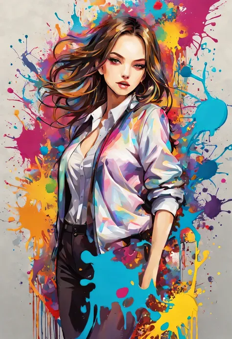 masterpiece, splash art, colorful, colorful splash art, reduce、Scattered paint painting, magician, Stylized abstract portrait of beautiful girl，Street graffiti