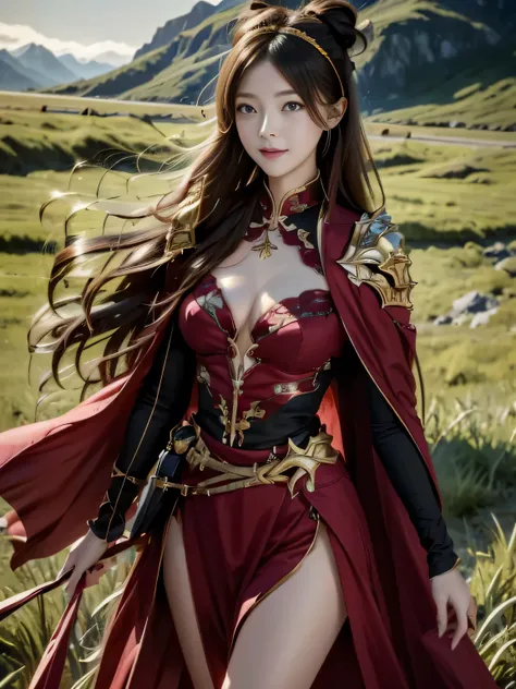 Chinese female general，，Detail the eyes，Crimson cape，  metal pauldron，Metal armor，Breasts are full and erect，Gold hairband，majestic，Smile（open mouth）（The corners of the mouth are raised），Half-length photo、（Hair in a bun：1.5），（Hair bun raised high）。wilderne...