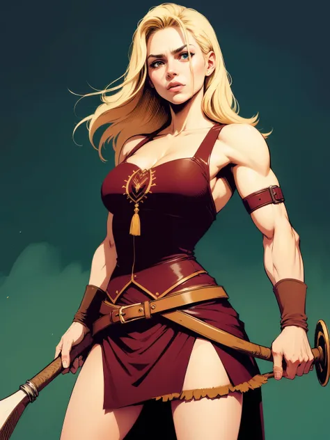 (((comiс style, arte dos desenhos animados))). meio imerso no rio na floresta,  blonde viking warrior girl holding ax in right h...