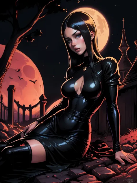 (((comic style, cartoon art))).  a hot vampire girl, woman in medieval black dress, hot body, on cemitery under the moonlight., ...