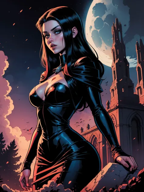 (((COMIC STYLE, CARTOON ART))).  A hot vampire girl, woman in medieval black dress, HOT BODY, on cemitery under the moonlight., covered in blood. Full growth in the frame. higly detailed.