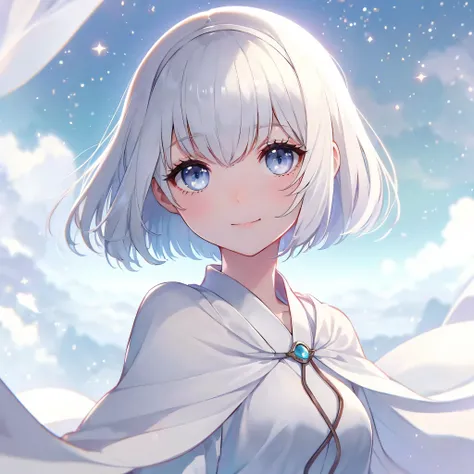 A girl with a pixie cut, featuring pure white, straight hair, now with blunt bangs instead of a hime cut. She has grey eyes and a slim build. Her expression is soft-spoken and gentle, highlighted by a charming smile. Soaring in the celestial skies, surroun...