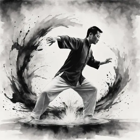 high quality,4K,artwork,ink painting,Very detailed,real,Splash-ink Tai Chi illustration,black and white,Thick ink,soft light,,Tai Chi practice scene,tai chi stance,Smooth movements,a state of tranquility,Meaningful artistic details