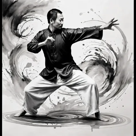 high quality,4K,artwork,ink painting,Very detailed,real,Splash-ink Tai Chi illustration,black and white,Thick ink,soft light,,Tai Chi practice scene,tai chi stance,Smooth movements,a state of tranquility,Meaningful artistic details