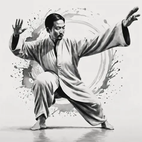 high quality,4K,artwork,ink painting,Very detailed,real,Splash-ink Tai Chi illustration,black and white,Thick ink,soft light,,Tai Chi practice scene,tai chi stance,Smooth movements,a state of tranquility,Meaningful artistic details