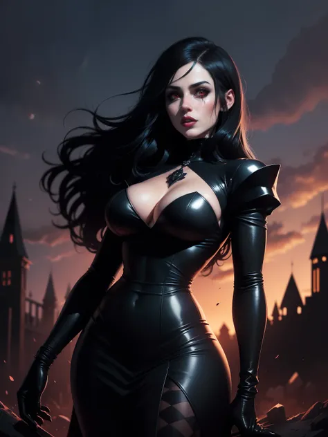 (((COMIC STYLE, CARTOON ART))).  A hot gothic vampire girl, woman in medieval black dress, HOT BODY, on cemitery under the moonlight., covered in blood. Full growth in the frame. higly detailed. Cinematic lighting.