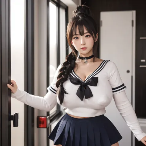 No sleeve　tight sailor suit　　knee high　Very short miniskirt with a 5cm rise　twin tails　choker　standing position　Her chest is open and she has heart-shaped stickers on her nipples.　Tight clothes　Long gloves　A miniskirt with a skirt at the waist and a rise o...