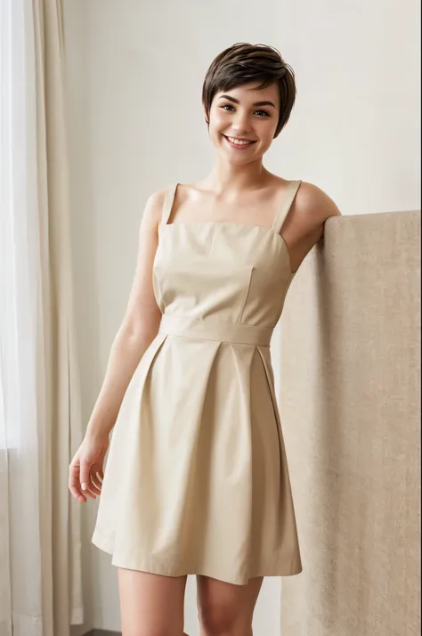 young american woman with short hair and beige  style dress smiling