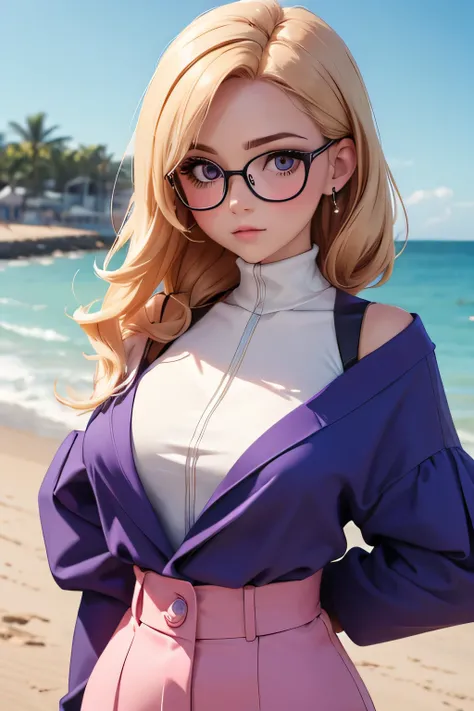 (masterpiece, professional photo:1.1), (8k, high resolution), single, solo women, European, (straight messy hair (dark blonde)), sexy curve, beautiful face, ultra detail eyes, (glasses:1.1), small breast, (high waist short pink:1.2), (purple high neck:1.2)...