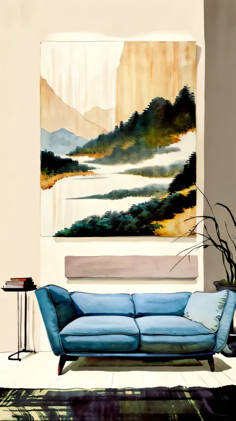 a close up of a couch with a painting on the wall, modern art style, landscape art, japanese art style, art style, scenery artwork, minimalist art style, contemporary art style, modern digital art, art poster, 4k art, mid century art, minimal art style, di...