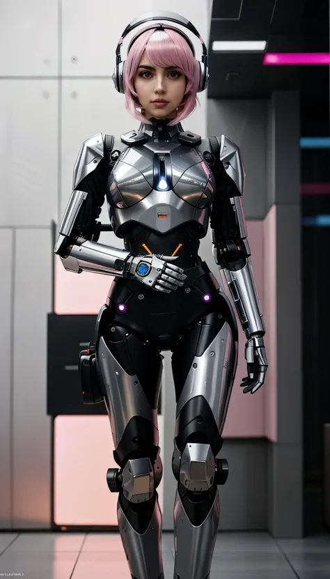 ana de armas is your cosplayer girlfriend, wearing a futuristic headset, a shoulder lenght pink pastel wig, cute bangs, silver chrome robotic suit, large breasts , futuristic headset, mechanical joints, blank expression, stand up position, robotic, static...