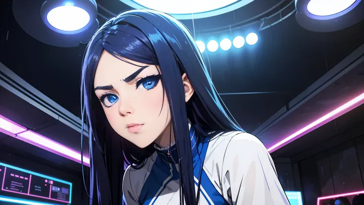 cool synthwave anime girl , dark blue hair , blue eyes , rainy time , underground dance club , whole body shot, big brest, (Perfect thick white eyebrows) Delicate fur, 详细s face, s the perfect face, At a in an underground dance club , (Drink a glass of wine...