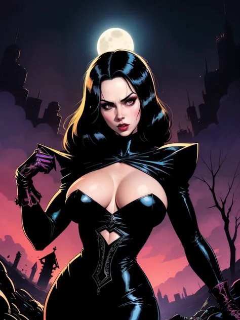 (((COMIC STYLE, CARTOON ART))).  A hot gothic vampire girl, woman in medieval black dress, HOT BODY, sensual , NSFW. on cemitery under the moonlight., covered in blood. Full growth in the frame. higly detailed. Cinematic lighting.