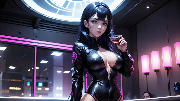 cool synthwave anime girl , dark blue hair , blue eyes , rainy time , underground dance club , whole body shot, big brest, (Perfect thick white eyebrows) Delicate fur, 详细s face, s the perfect face, At a in an underground dance club , (Drink a glass of wine...