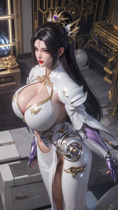 A BUSTY MILF, PORTRAIT,UPPER BODY,SOLO,(BEAUTY WHITE HAIR, GOLD DRAGON HORN), (MASSIVE FAKE BOOBIES,CLEAVAGE TOP,MUSCLE ABS:1.5), ((WEARING OUTFIT (LED PURPLE, WHITE, BLACK) SHINY ROBOT MECHANICAL BIKINI ARMOR:1.5)),(CURVY VOLUPTUOUS BODY MATURE WOMAN:1.5)...