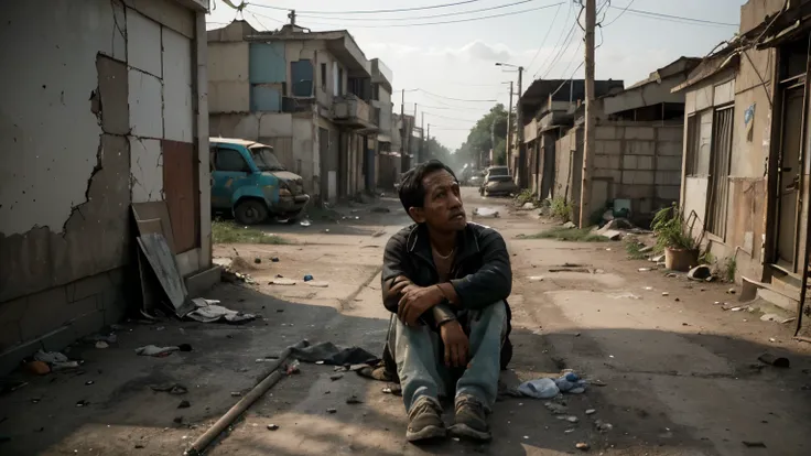 Joko Widodo,president of indonesia, sitting in a poor area, road, wearing worn-out clothes, loose clothes, broken objects scattered around him,(best quality,4k,8k,highres,masterpiece:1.2),ultra-detailed,(realistic,photorealistic,photo-realistic:1.37),pover...