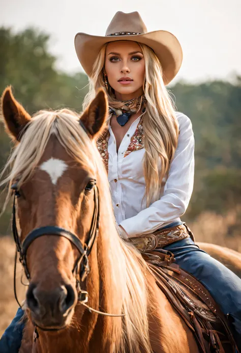 photo of a beautiful araffe woman in a cowboy hat riding a horse, rosto perfeito, olhos perfeitos, perfect hands, vaqueira, western vaqueira, glorious cabelo loiro longo, cabelo loiro extremamente longo e grosso, female vaqueira, Blonde long braid hair, wi...