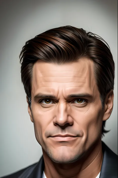 Homem, jovem, moreno, magro, cabelos curtos, retrato de Jim Carrey, vestindo terno, The Maskara, detalhes intrincados, fotografia profissional