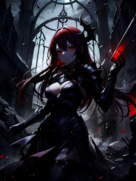 woman with red hair、red glowing eyes、dark fantasy、Wear armor、Black Shadow、Black crown、Rasvos、enemy、villain、The crumbling castle interior、dragon