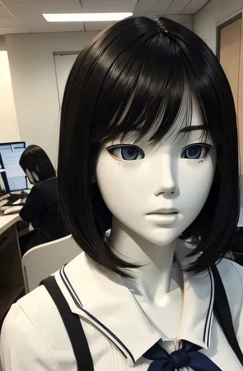 One mannequin deep kisses the computer,That mannequin is Erika Ikuta.,That mannequin is 25 years old.,mannequin color&#39;my face is white.,mannequin color&#39;The body is pure white.,The mannequin has black hair(Bangs Patsun),mannequin color&#39;eyes are ...