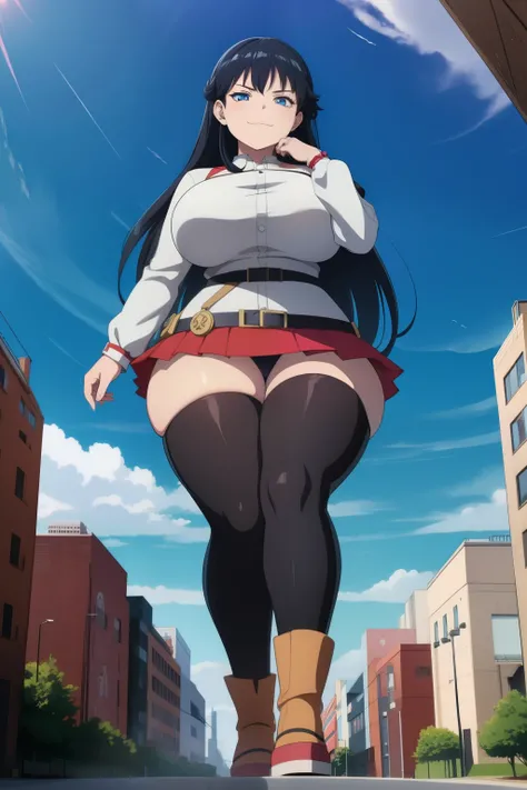 an anime female character in a city, 1girl , solo, skirt, blue eyes, long hair, black hair, giantess, curvy, busty, bikini, smirk , sky, giant, cloud, full body, blue sky, city, breasts