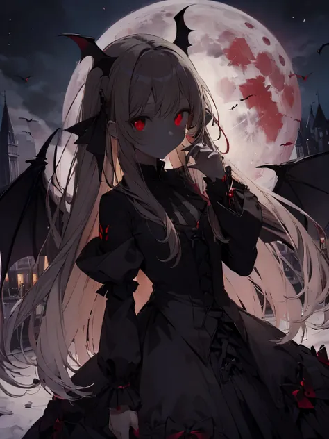 vampire adult woman、big bat wings、Bats around、big red moon behind、Big castle、パンツのGothic Lolita服、very long blonde hair、highest quality、masterpiece、1 female、Alone,red eyes、red glowing eyes、Gothic Lolita
