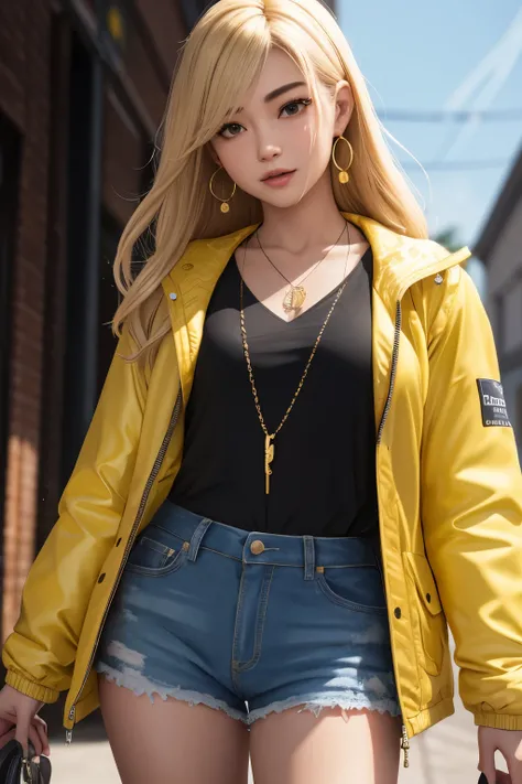 anime girl, 1 girl, cute, 前hair, blonde_hair, cowboy_shot, earrings, Floral_Print, Jacket, jewelry, looking for_in_viewer, necklace, shirt, length_hair, shorts, 一人in, yellow_Jacket, yellow_shirt, eye for detail, Fantasy model, realistic, sharp details, int...