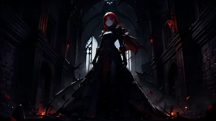 woman with red hair、red glowing eyes、dark fantasy、wear armor、black shadow、black crown、rasvos、enemy、villain、the crumbling castle ...