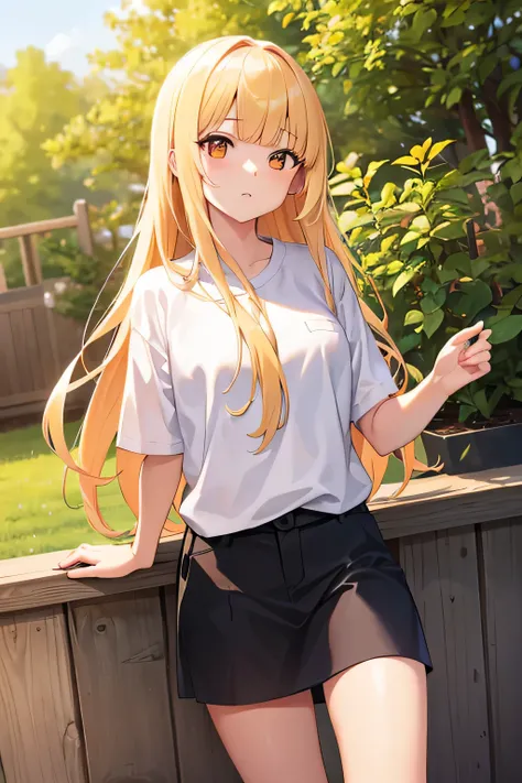 blonde hair, outdoor, 1 girl cute, 4k quality, 4k resolutions, long hair, orange eyes, wearing white shirt, blunt bangs