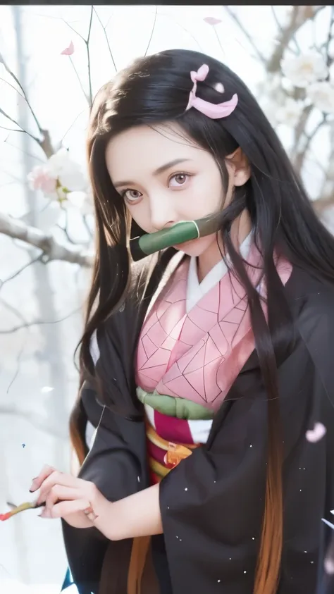 a woman in a kimono outfit holding a flower in her hand, nezuko-chan, nezuko, demon slayer rui fanart, anime visual of a cute girl, artwork in the style of guweiz, the piercing stare of yuki onna, made with anime painter studio, kaguya ōtsutsuki, haruno sa...