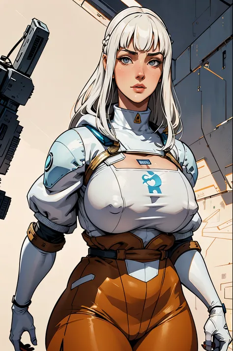 1monk warrior girl with white techwear clothes, white long hair, laces, abstract vintage scifi background, art by Moebius, art by Ashley Wood