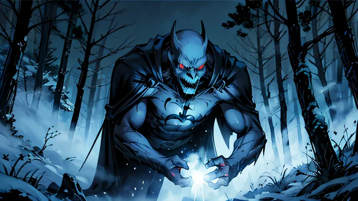 A side shot of a man holding a flashlight in his hand that illuminates a spectral creature with glowing eyes, the creature looks like a representation of death with a dark cape and red eyes. The scene highlights the man with the light of the flashlight and...