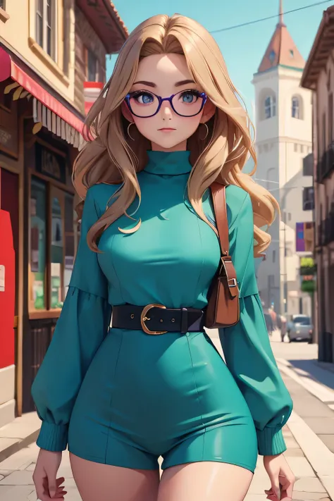 (masterpiece, professional photo:1.1), (8k, high resolution), single, solo women, European, (twirly messy hair (dark blonde)), sexy curve, beautiful face, ultra detail eyes, (glasses:1.1), small breast, (high waist short teal:1.2), (purple high neck:1.2), ...