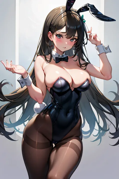 1girl, solo, (masterpiece, best quality:1.4), extremely detailed face, perfect lighting, ganyurnd, bbunnysuit, pantyhose, fake bunny ears, wrist cuffs, bowtie,