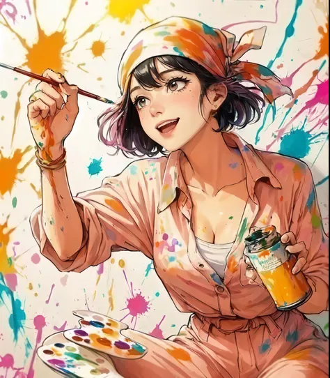 1lady solo, (painting (a spattering painting) on large white paper on the wall), (dynamic posing), (light pink jumpsuit splattered with various colors of paint) stylish, mature female, /(black hair/) bangs (bandana:1.1), blush happy smile (energetically:1....