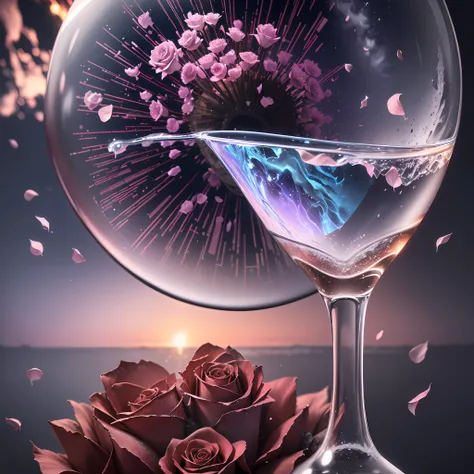 computadora, realistic fantasy, Extensive Ultrasound Landscape Photography (Vista general, which shows a vaso vaso bottle, vaso, hielo, sunburst with rose petals), cork out there, el amanecer se disuelve en la botella, lluvia de meteoros, fondo borroso, gl...