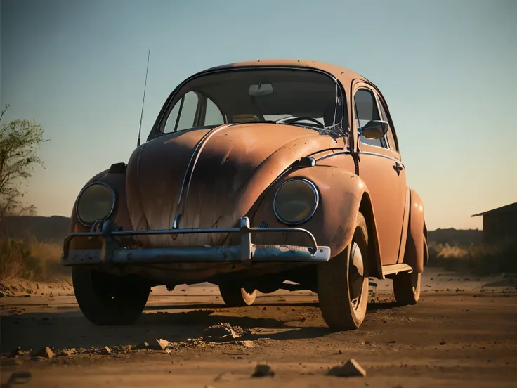 analog gloomy photo of a (dark red) Volkswagen Beetle car, rusted,((three quarter view)), (dark sunset), driving on a dirt road, (dilapidated town), 1969, ((horror movie)), slasher film, texas chainsaw massacre, amish cult, film grain, retro,  High Detail,...