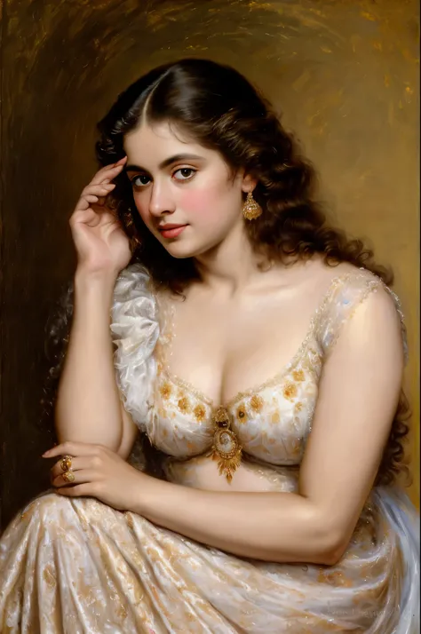 Best quality, highly detailed, masterpiece, Indian princess, Rajkanya, royal clothes, Masterpiece, extremely gorgeous woman, matchless Beauty, portrait, Peter Paul Rubens style, Woman, off shoulder bandeau crop blouse, beautifully styled hair, fluffy hair,...