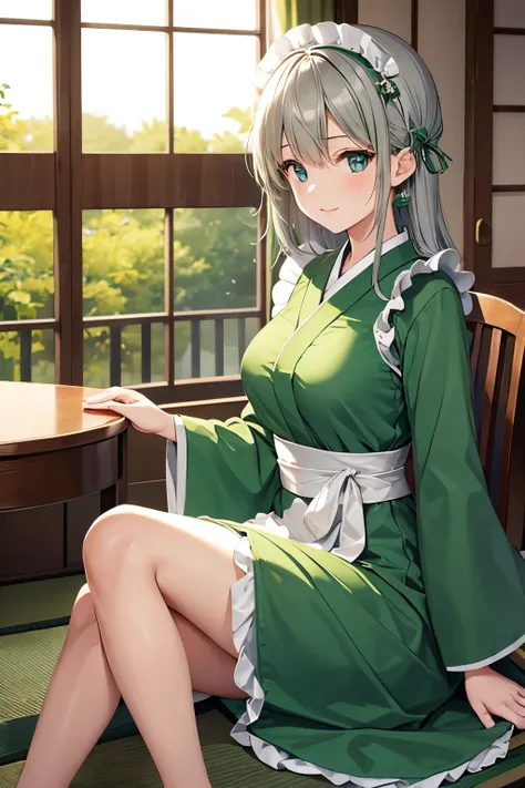 very beautiful japanese maid in green and silver clothes